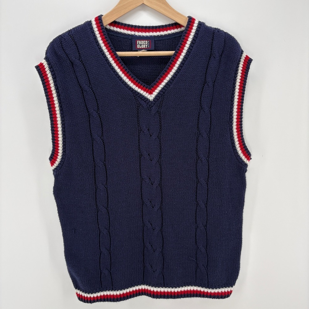 VTG Made USA Cable Knit Sweater Vest V Neck Navy Preppy Collegiate Mens 18